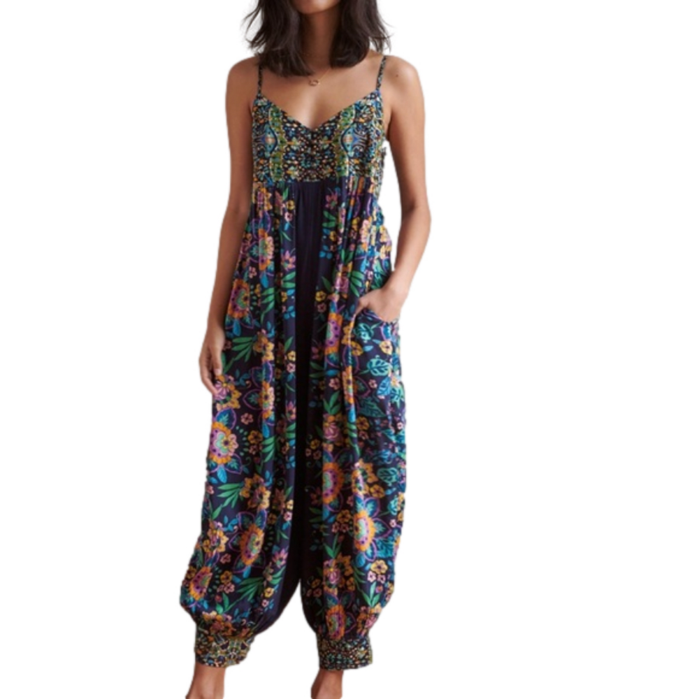 Anthropologie Navy Floral Smocked Harem Jumpsuit